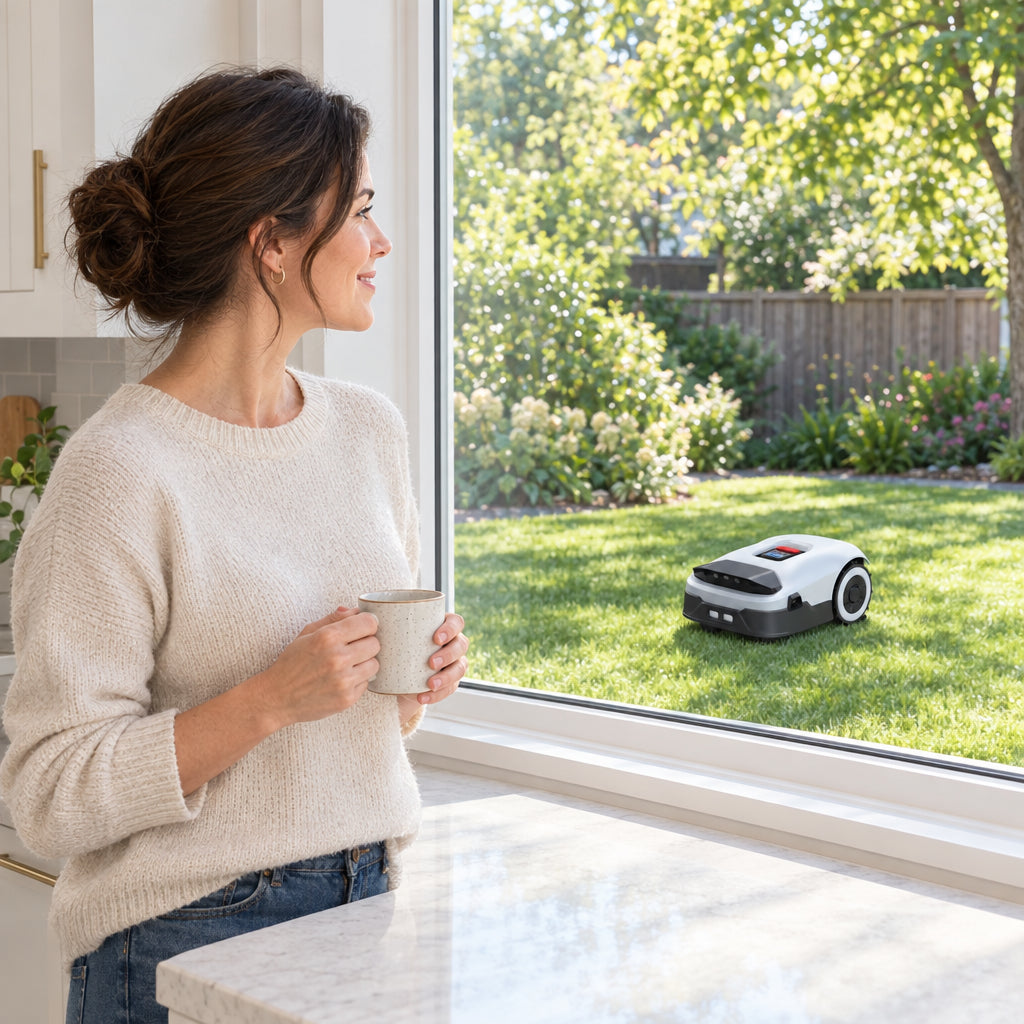 Robot Lawn Mower NO Wire, glancing out a kitchen window at the mower on the lawn, smiling slightly