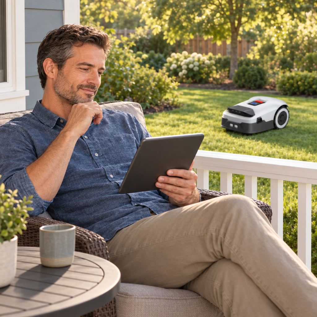 Robot Lawn Mower NO Wire, sitting at an outdoor table, tablet in hand, nodding slightly, front porch with a small table