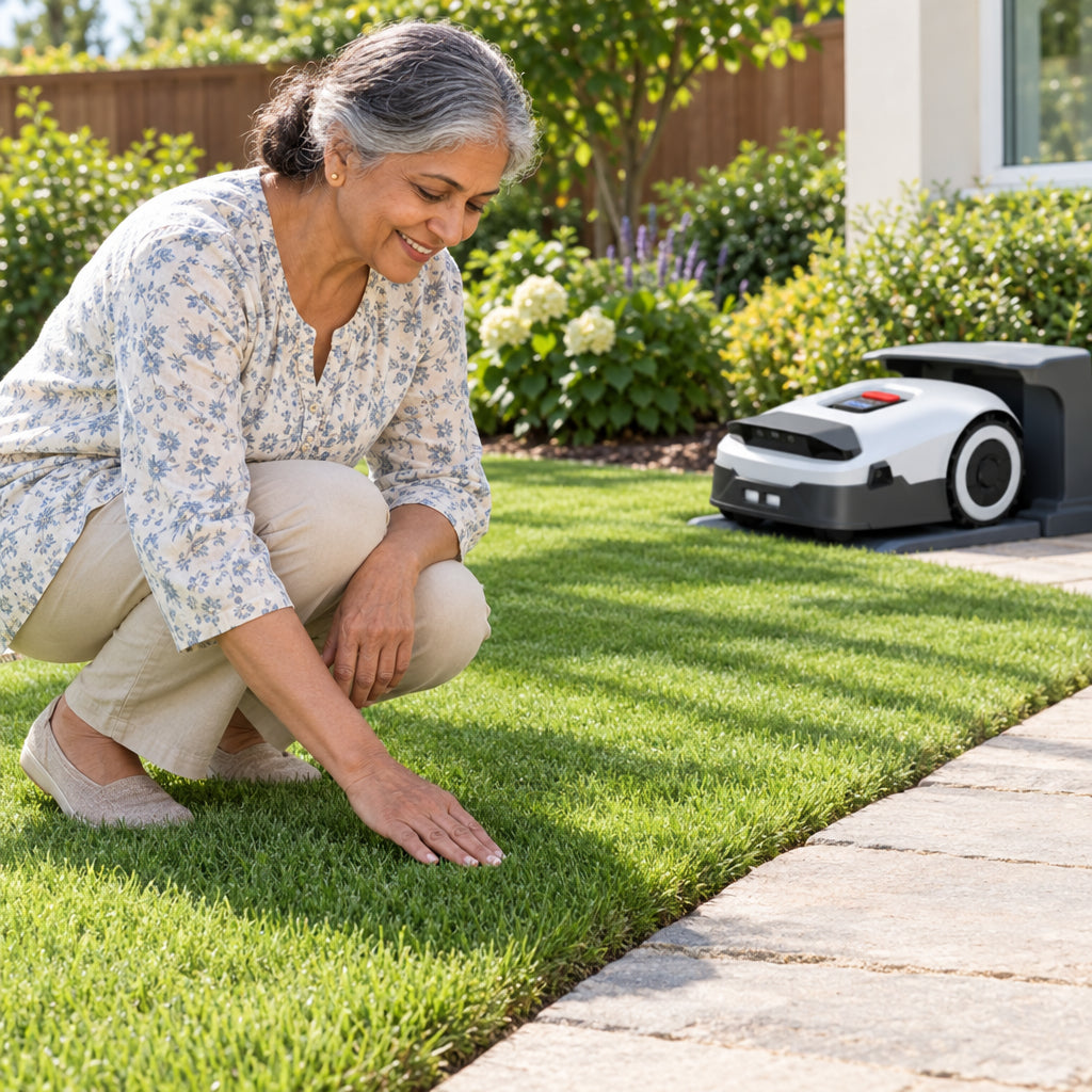 Robot Lawn Mower NO Wire, crouching at the lawn edge, running a hand lightly over the even grass tips
