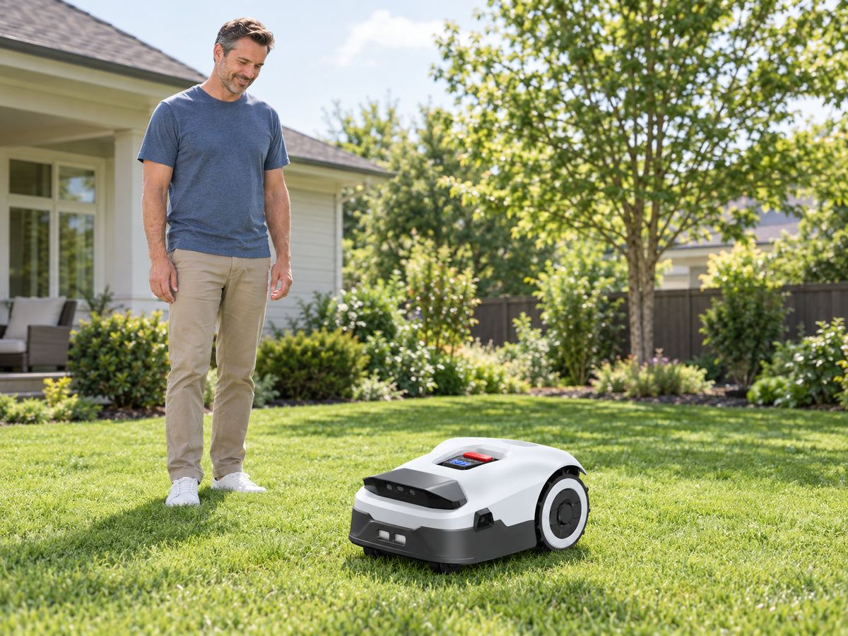Robot Lawn Mower NO Wire, placing the mower on the lawn and stepping back, hands relaxed at sides, open suburban backyard