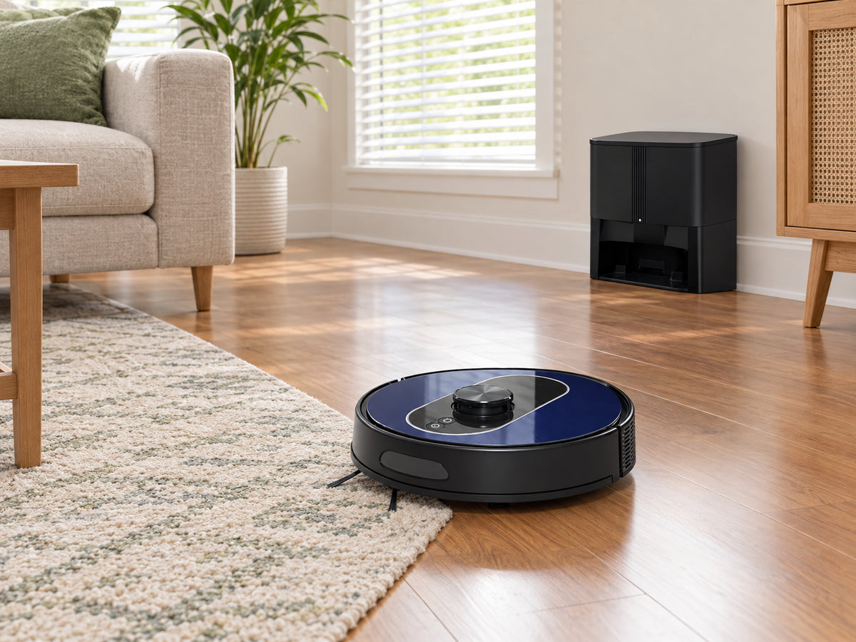 Robotic Vacuum Cleaner and Mop Combo, robot moving methodically across living room floor in an unoccupied room