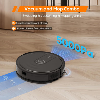 Robot Vacuum and Mop Combo, 5000Pa Robotic Vacuum Cleaner with Mopping, with Self-Charging, 3-In-1 Intelligent Navigation Robot Vacuum, Alexa/App Control, Ideal for Pet Hair, Floors and Carpet, Quiet