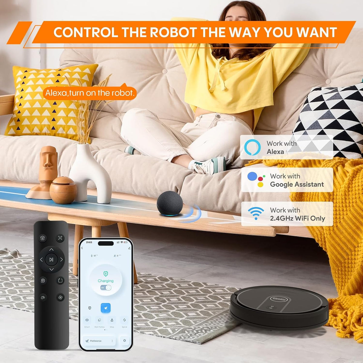 Robot Vacuum and Mop Combo, 5000Pa Robotic Vacuum Cleaner with Mopping, with Self-Charging, 3-In-1 Intelligent Navigation Robot Vacuum, Alexa/App Control, Ideal for Pet Hair, Floors and Carpet, Quiet