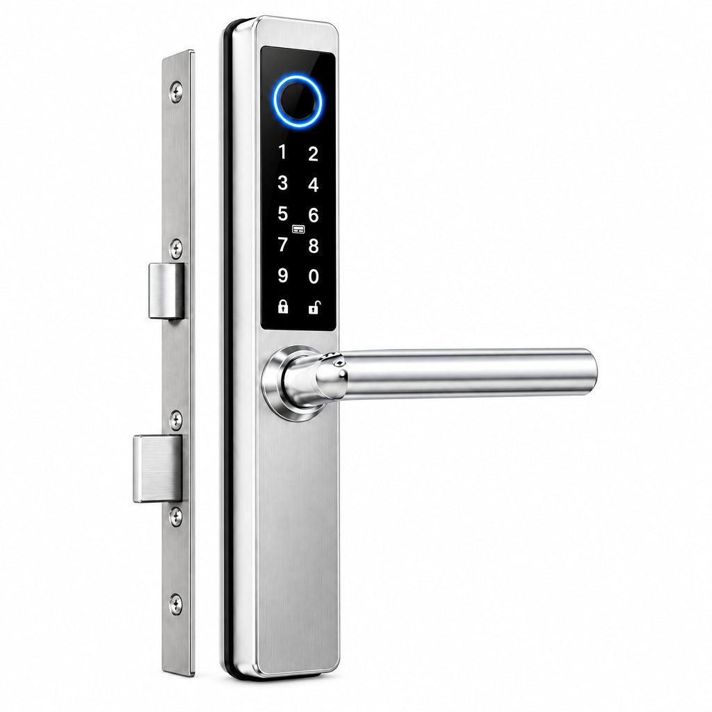 Electronic Smart Door Lock Fingerprint Door Lock with Keypad，Smart Lock for Front Door Children Proof IC Card, App Control & Mechanical Key (Frosted Silver, OSP)