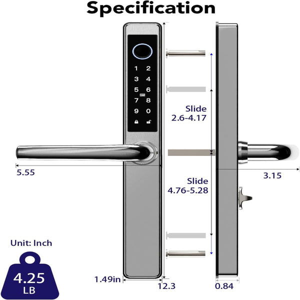 Electronic Smart Door Lock Fingerprint Door Lock with Keypad，Smart Lock for Front Door Children Proof IC Card, App Control & Mechanical Key (Frosted Silver, OSP)