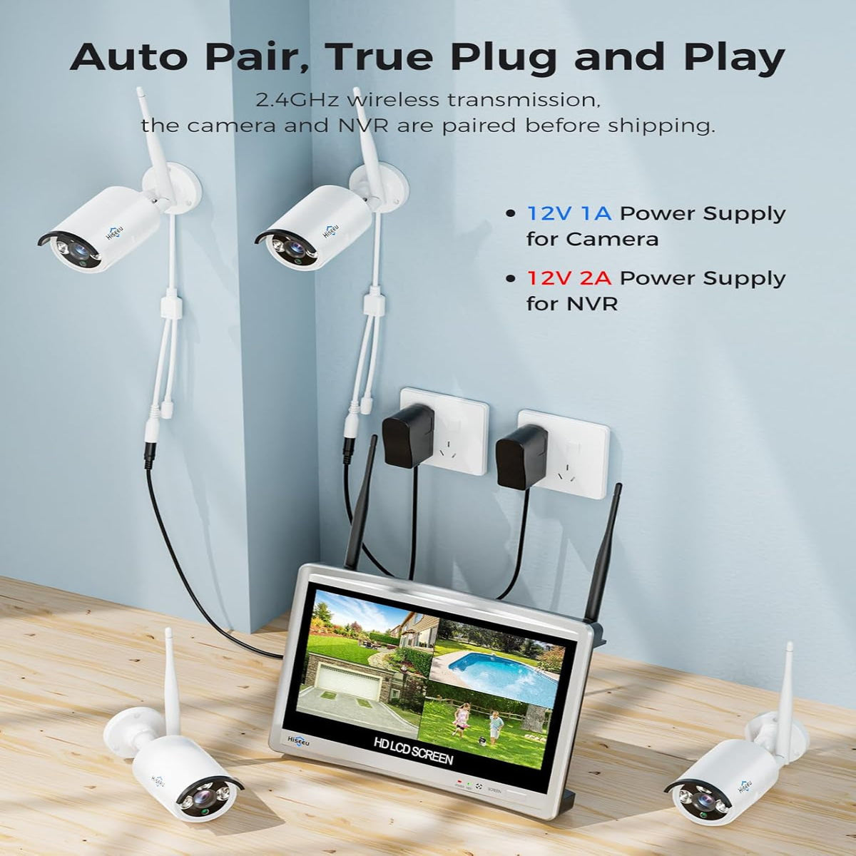Home Security System, 24/7 Recording 5MP Wired Plug-In Powered Outdoor Bullet Cameras, 2.4G/5G Wifi Pro, 4K NVR with 12" LCD Monitor, 3TB HDD, Night Vision, IP65 — product view 2
