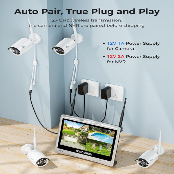 Home Security System, 24/7 Recording 5MP Wired Plug-In Powered Outdoor Bullet Cameras, 2.4G/5G Wifi Pro, 4K NVR with 12" LCD Monitor, 3TB HDD, Night Vision, IP65