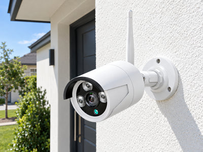 Home Security System, Midday high summer, bright outdoor driveway
