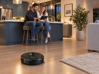 Robot Vacuum and Mop Combo, Evening indoors, modern open-plan kitchen