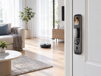 Door Lock, Early morning indoors, minimalist living room, a robot vacuum quietly gliding across pale hardwood floors alone