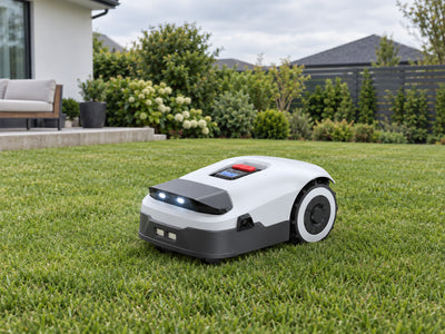 Robot Lawn Mower Full Band Rtk+4-Eye Vision Robotic, Late afternoon overcast day, tidy suburban backyard