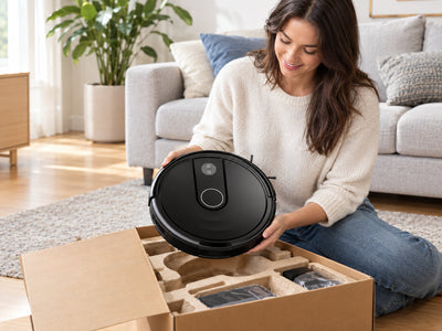 Robot Vacuum and Mop Combo, a person unpacking or carefully checking it in its natural room