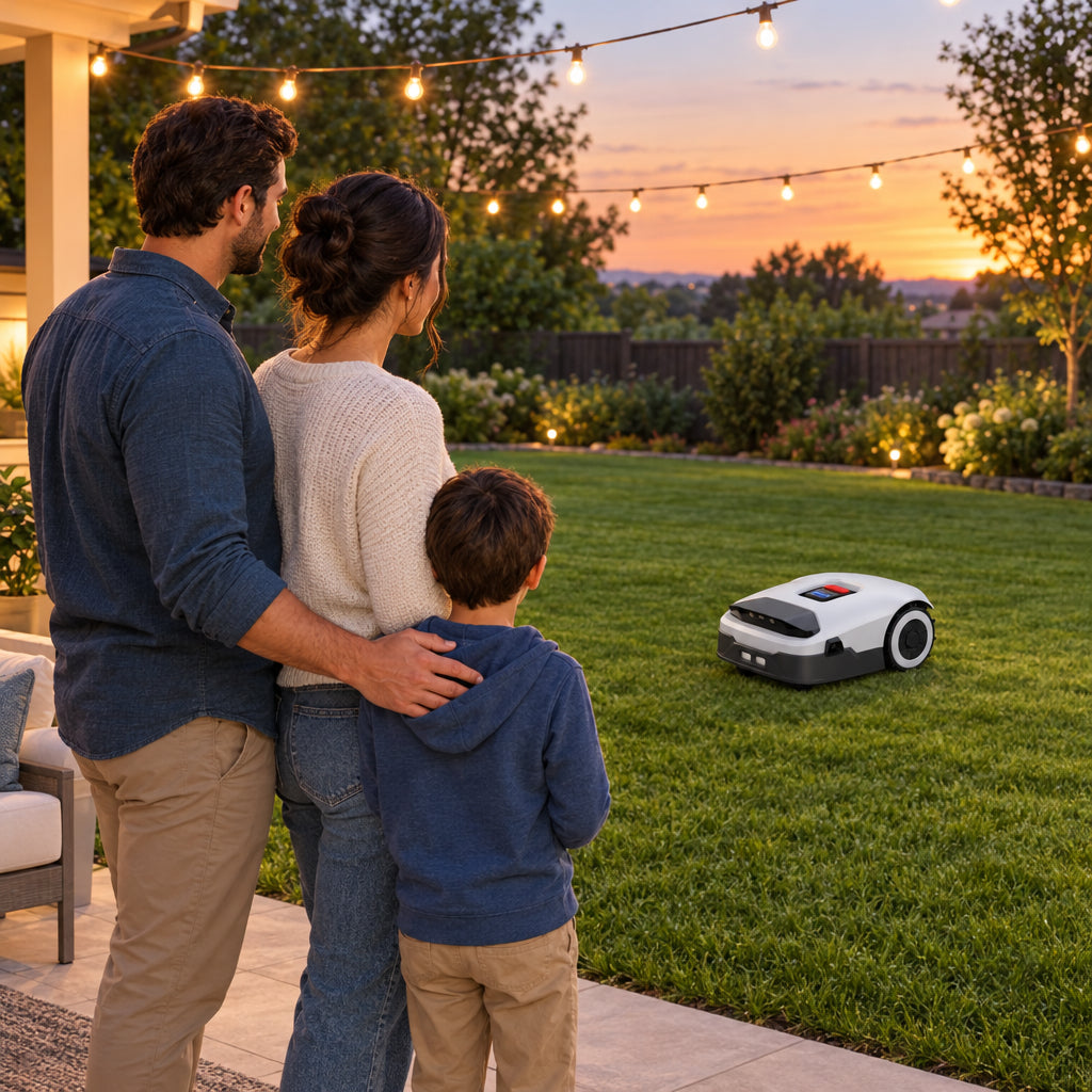 Robot Lawn Mower NO Wire, two adults and a child standing at the edge of the patio, watching the mower cross the yard