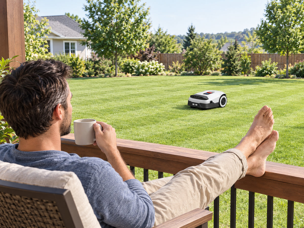 Robot Lawn Mower NO Wire, relaxing on a back porch with coffee while the mower works the lawn behind them