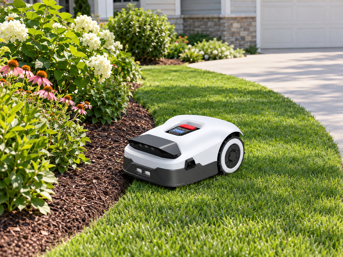Robot Lawn Mower NO Wire, mower tracing a straight line along a garden bed border