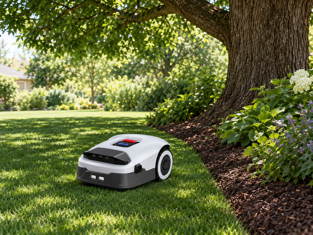 Robot Lawn Mower NO Wire, mower holding a straight, even line across shadowed grass close to a tree trunk