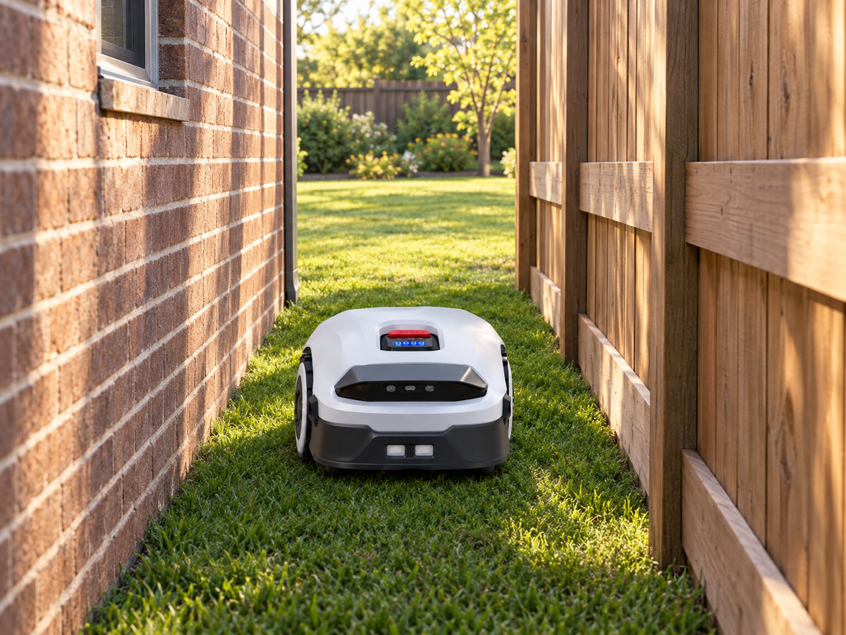 Robot Lawn Mower NO Wire, mower navigating a narrow side-yard corridor between house wall and fence