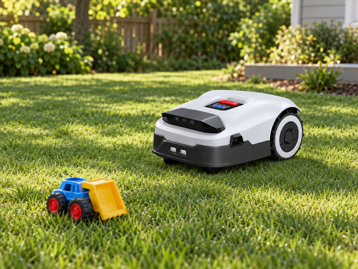 Robot Lawn Mower NO Wire, mower stopped and angled away from a small toy on the grass