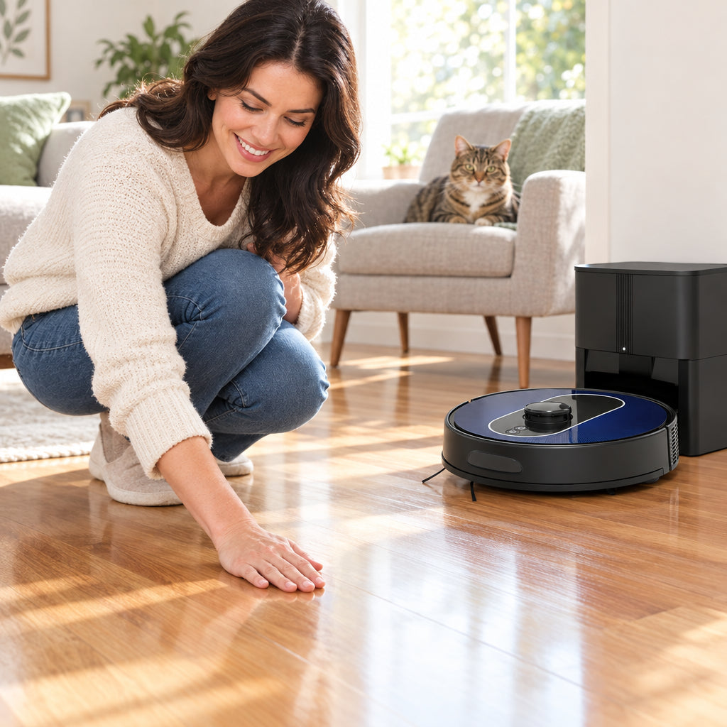 Robotic Vacuum Cleaner and Mop Combo, woman crouching down and running her palm lightly across a gleaming hardwood floor