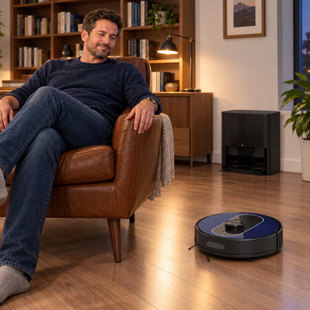 Robotic Vacuum Cleaner and Mop Combo, man leaning back in an armchair, arms resting, looking at the clean floor with a calm