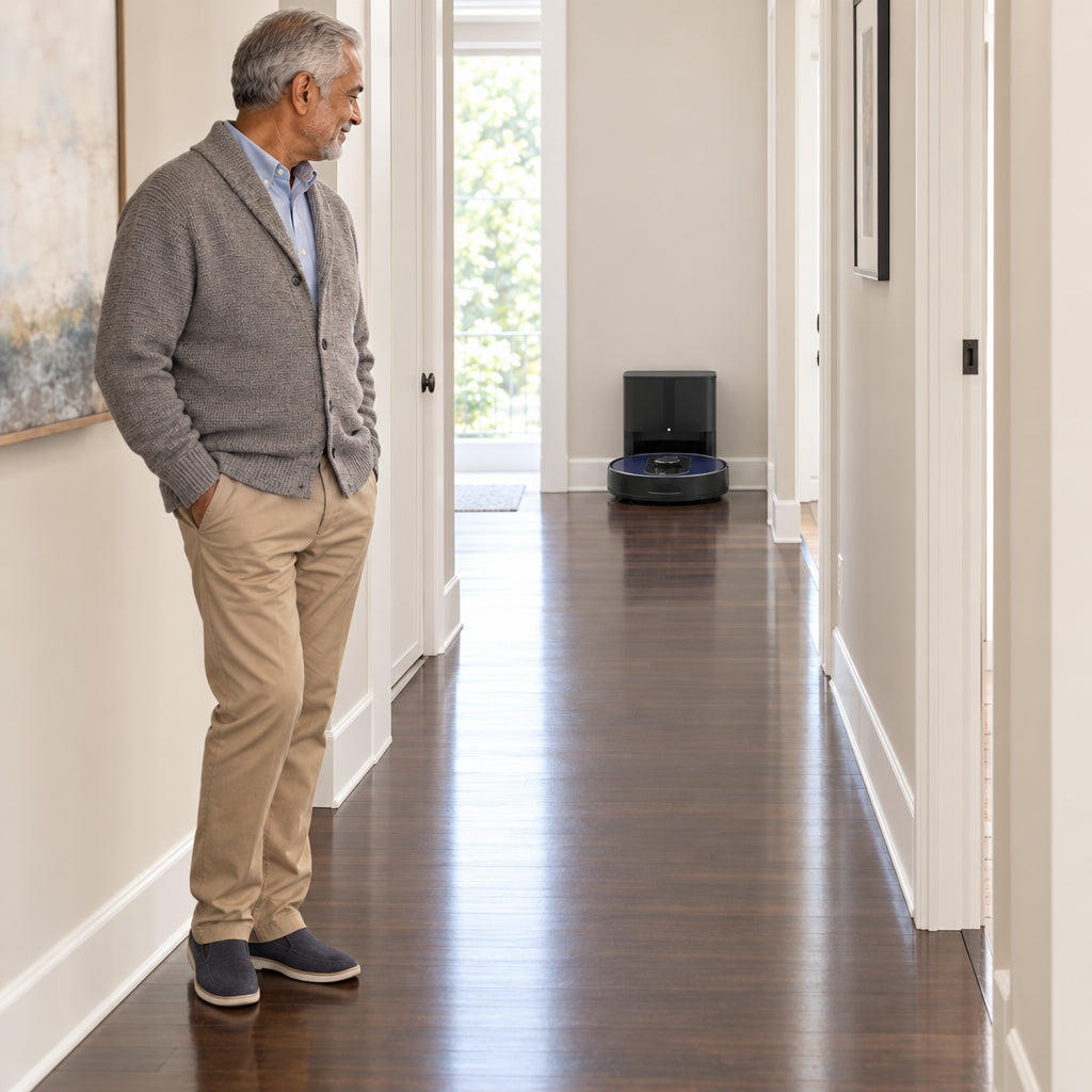 Robotic Vacuum Cleaner and Mop Combo, older man standing with hands loosely in pockets