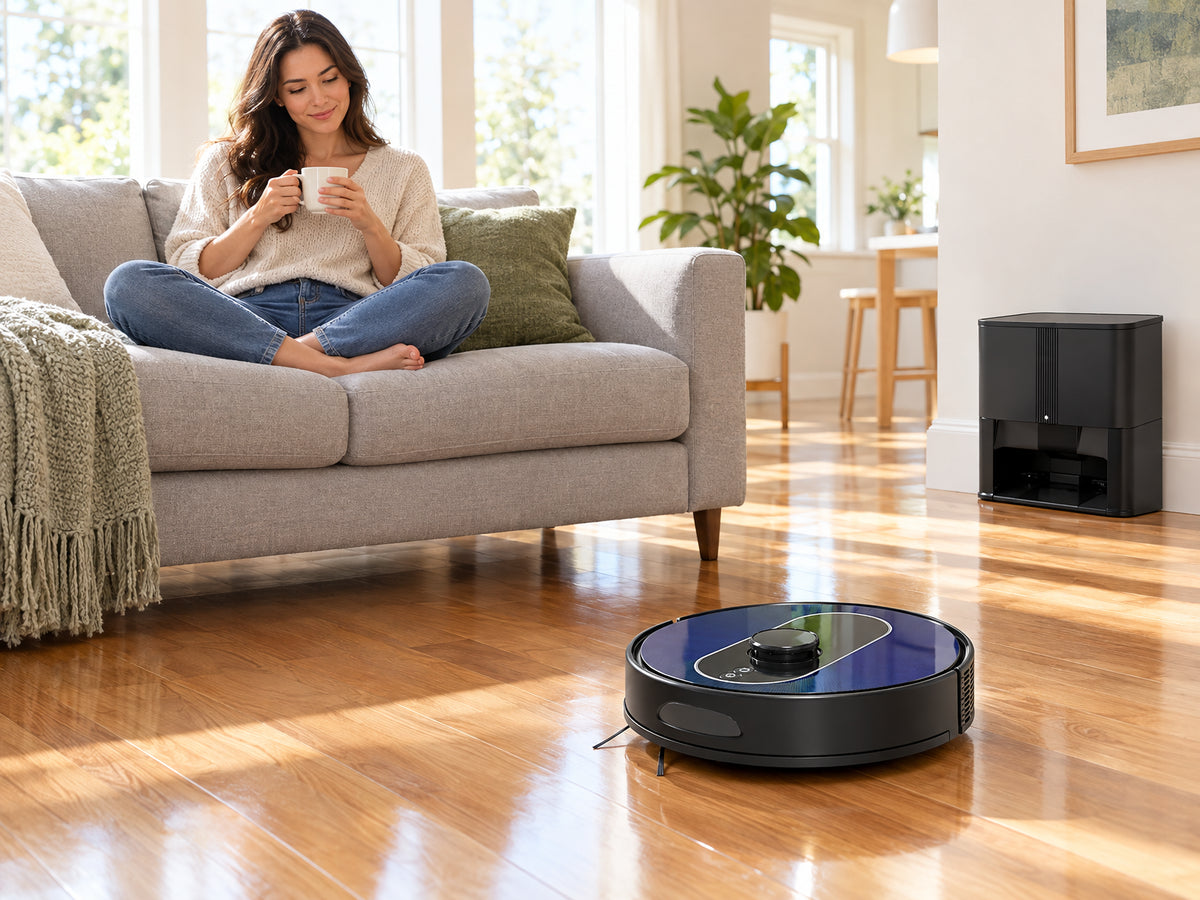 Robotic Vacuum Cleaner and Mop Combo, woman sitting cross-legged on a sofa, coffee mug in hand