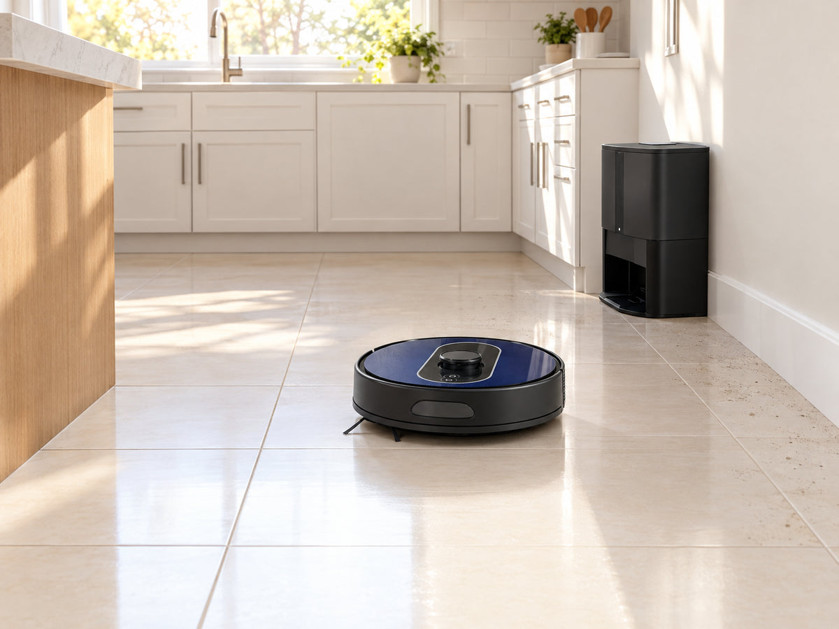 Robotic Vacuum Cleaner and Mop Combo, robot moving away from camera across tile, leaving a clean dry trail behind it