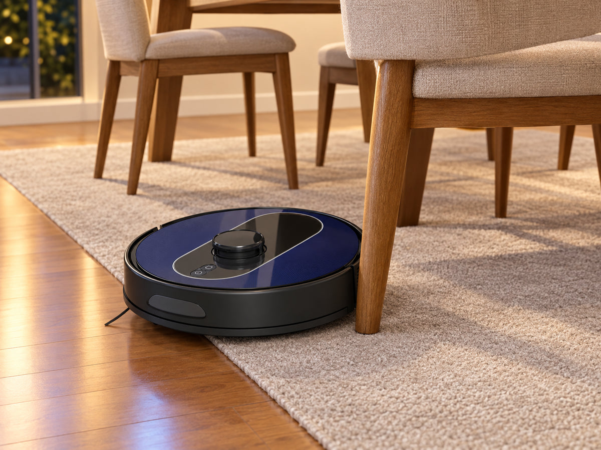 Robotic Vacuum Cleaner and Mop Combo, robot curving around a wooden chair leg and rolling onto a low-pile rug