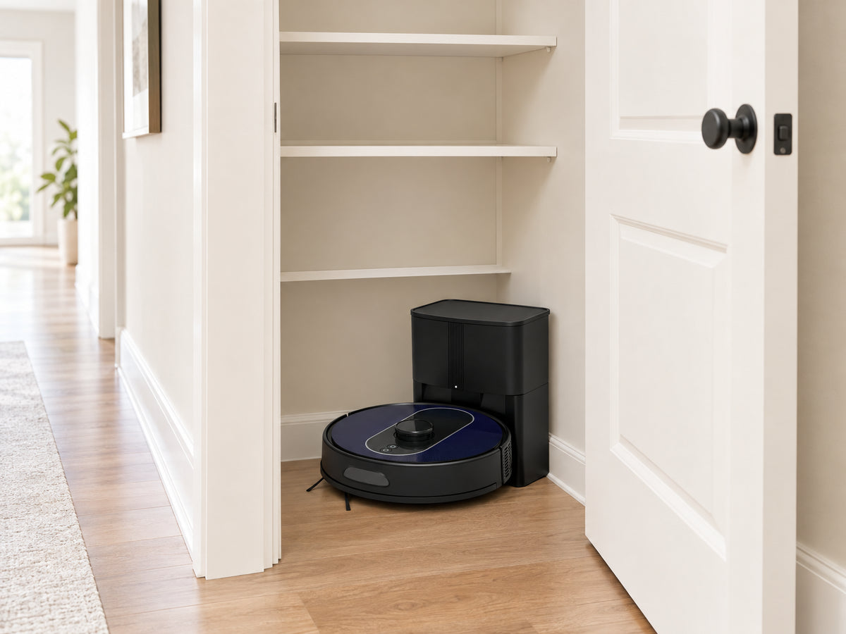 Robotic Vacuum Cleaner and Mop Combo, robot sitting on its charging dock in an uncluttered closet corner
