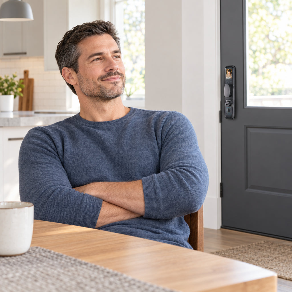 Smart Door Lock Built, sitting at a kitchen table, leaning back with arms crossed in a satisfied posture
