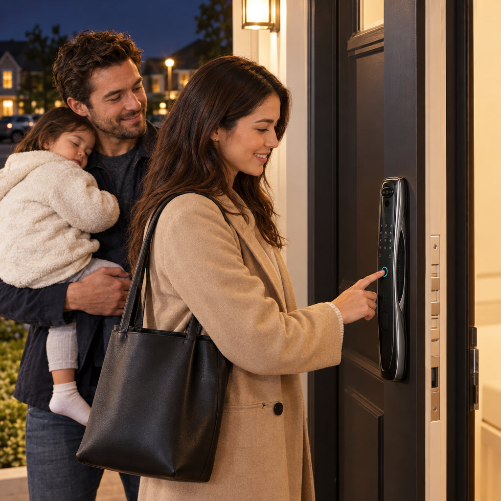 Smart Door Lock Built, one partner touching the biometric sensor while the other holds a sleeping child, door opening