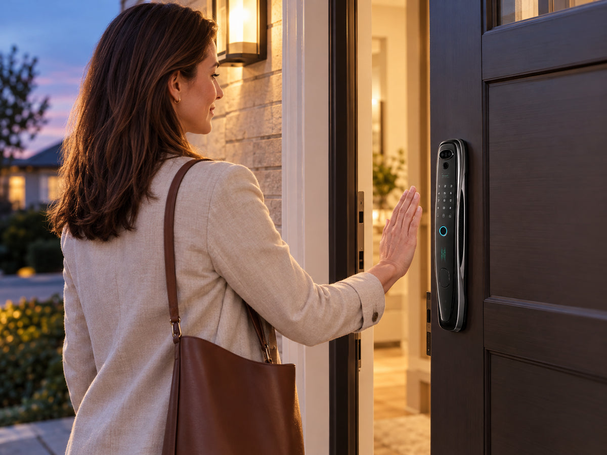 Smart Door Lock Built, pressing palm lightly toward the lock face, door swinging open with ease